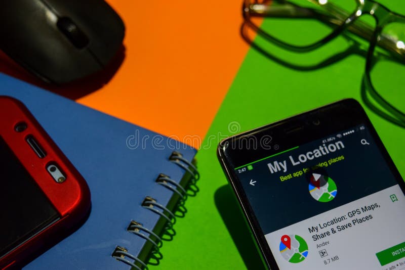 My Location: GPS Maps, Share & Save Places dev app on Smartphone screen. stock image My Location: GPS Maps, Share & Save Places dev app on Smartphone screen. stock image