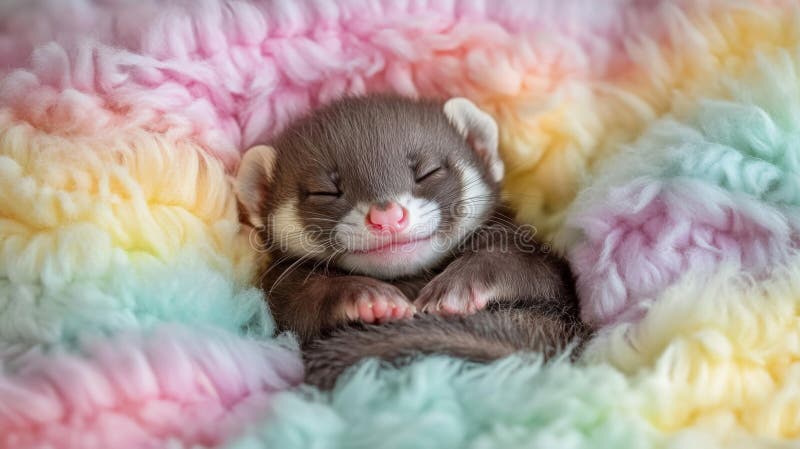 Bekvämt Sleeping Ferret Kit i Pastel Rainbow Blanket royaltyfri illustrationer