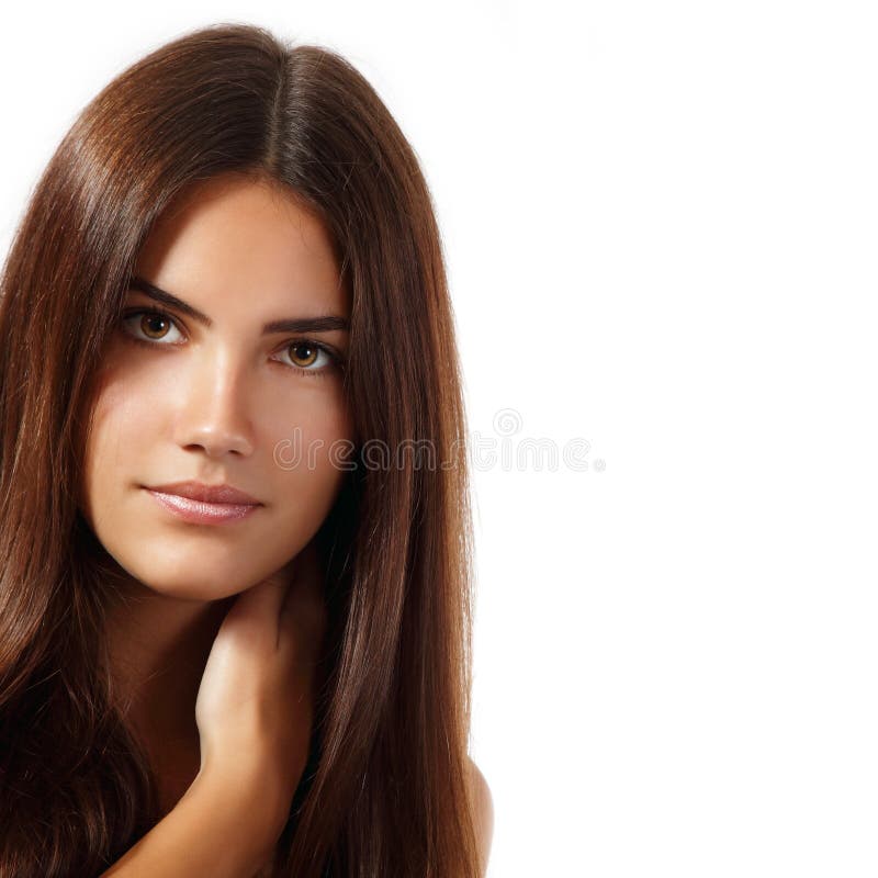 Bel apprécier gai de jeune femme avec le long brun fort h image libre de droits Bel apprécier gai de jeune femme avec le long brun fort h image libre de droits