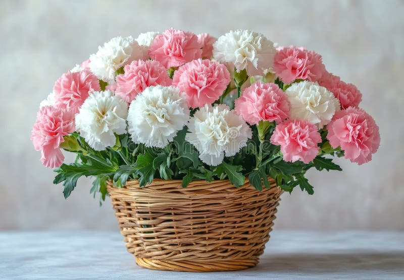 Bel cestino di garofani rosa e bianco disposti elegantemente in casa fotografia stock libera da diritti