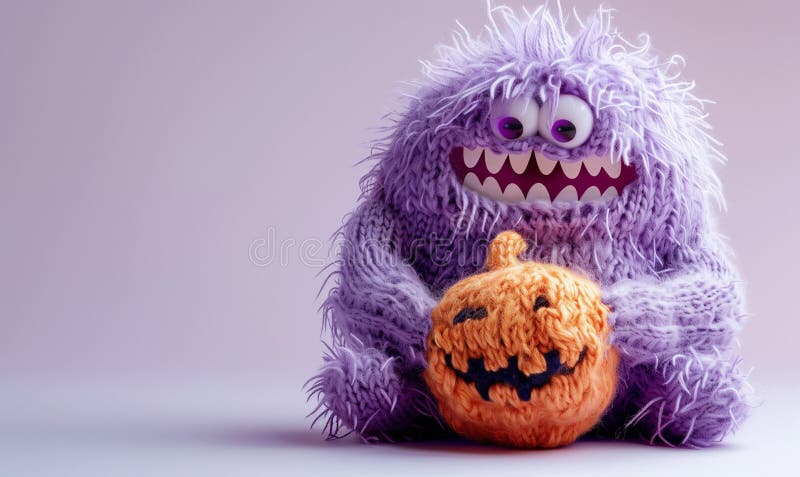 Bel mostro di lana viola con denti divertenti che reggono una zucca a maglia. per halloween illustrazione di stock