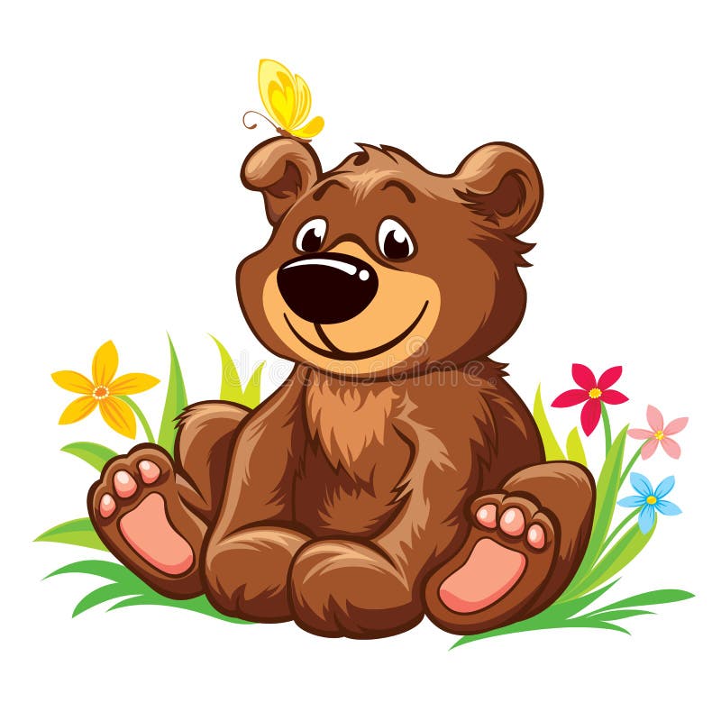 Bel ours de nounours se reposant sur l'herbe, avec le papillon jaune sur son oreille illustration libre de droits