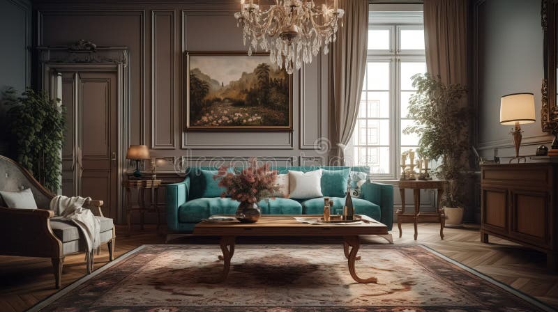 Bela sala de estar clássica com móveis confortáveis ilustração royalty free