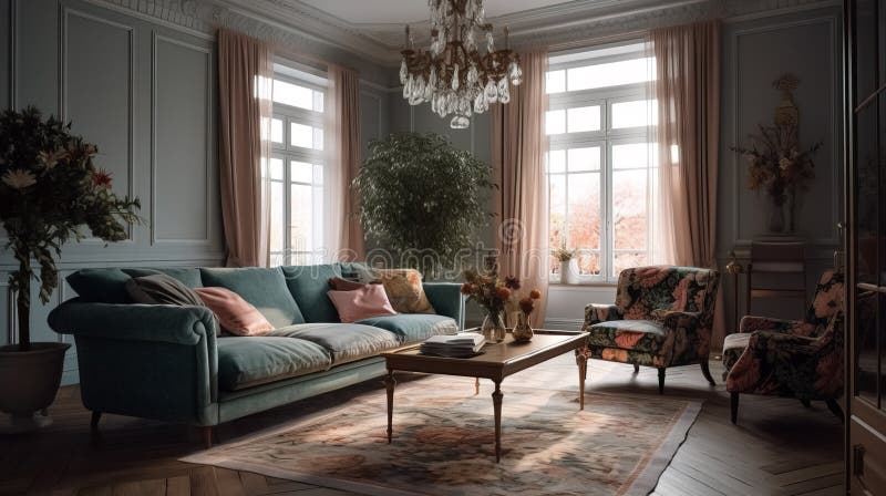 Bela sala de estar clássica com móveis confortáveis ilustração stock