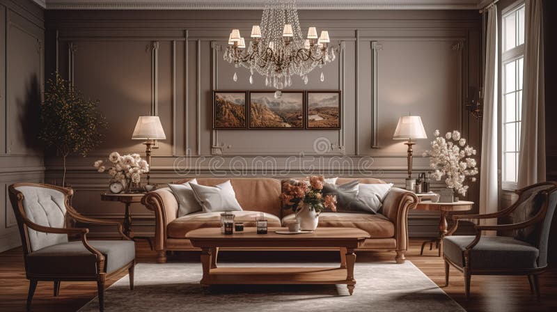Bela sala de estar clássica com móveis confortáveis ilustração do vetor
