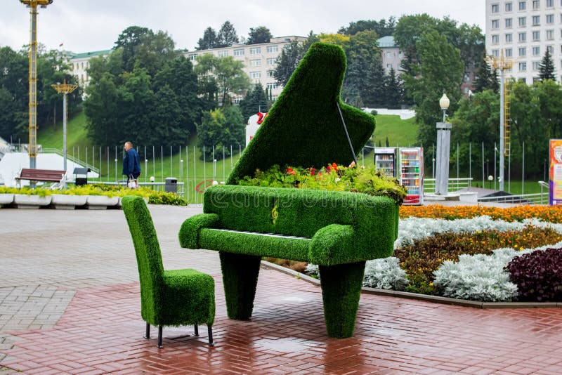 BELARUS, VITEBSK SEPTEMBER 10, 2020 Sculpture of Piano Made of Green