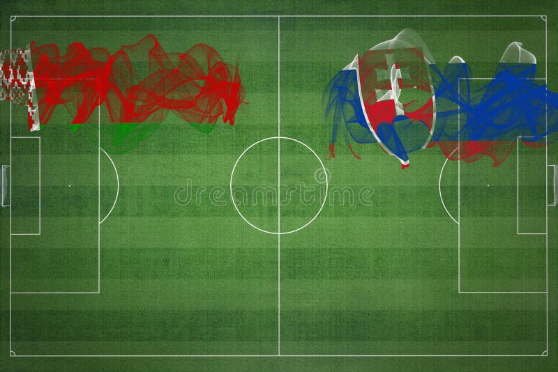 Bělorusko vs slovensko fotbalový zápas, národní barvy, státní vlajky, fotbalové hřiště, fotbalový zápas, kopírování vesmíru