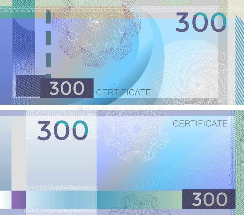 Belegschablonenbanknote 300 mit Guillochemusterwasserzeichen und -grenze Blaue Hintergrundbanknote, Geschenkgutschein, Kupon, vektor abbildung Belegschablonenbanknote 300 mit Guillochemusterwasserzeichen und -grenze Blaue Hintergrundbanknote, Geschenkgutschein, Kupon, vektor abbildung