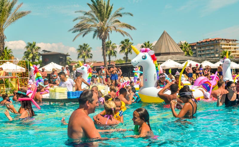 Belek, Turkey, September 12, 2018. Pool party with shaped air mattresses