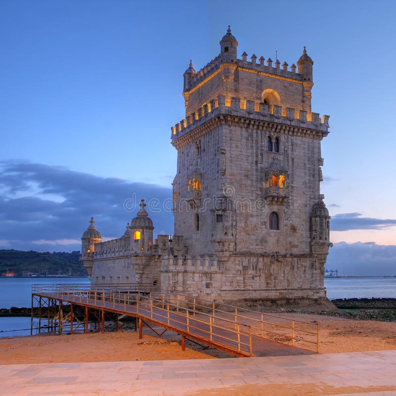 Belem Tower (Torre de Belem) on the Tagus River in Lisbon, Portugal at sunset time. Belem Tower (Torre de Belem) on the Tagus River in Lisbon, Portugal at sunset time.