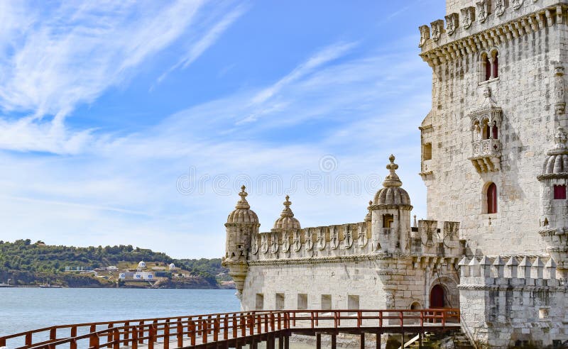 Detail of Belem Tower with walking bridge on Tagus river, Lisbon, Portugal. Detail of Belem Tower with walking bridge on Tagus river, Lisbon, Portugal.