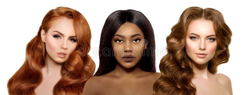 Beleza multiétnica Belas modelos com morena brilhante e saudável, cabelos louras vermelhos e escuros Diferentes etnias Raparigas