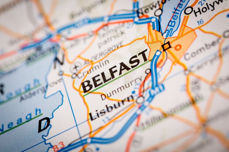 Belfast City on a Road Map stock image. Image of selective - 86777649
