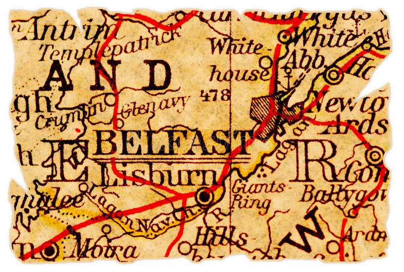 Belfast, Norhtern Ireland on an old torn map from 1949, isolated. Part of the old map series. Belfast, Norhtern Ireland on an old torn map from 1949, isolated. Part of the old map series.