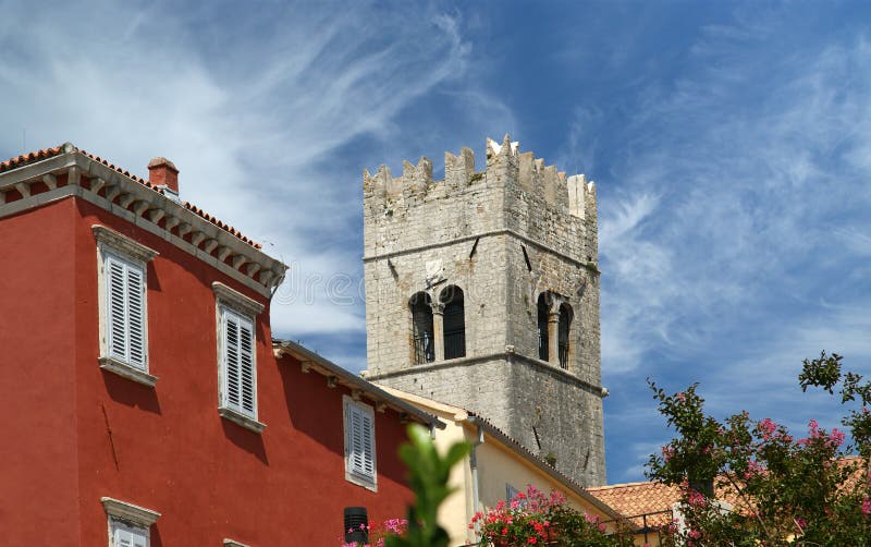 Belfry old Lutheran Church. The town of Motovun, Croatia