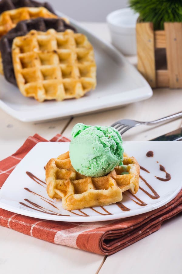 Belgian Waffle with Ice Cream on Top Stock Photo Image of food