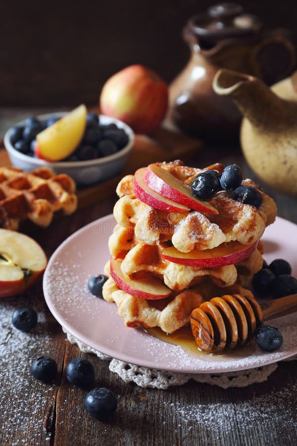 Traditional Belgian Waffles with Blueberries and Apples for Breakfast Stock Image Image of