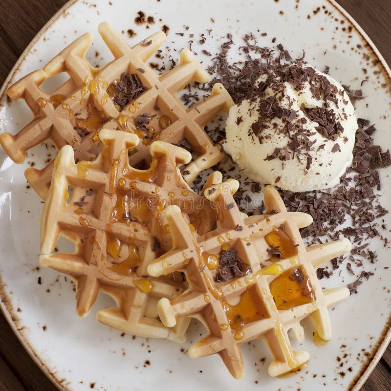 Belgian Waffles with Icecream Stock Photo Image of flour, powder