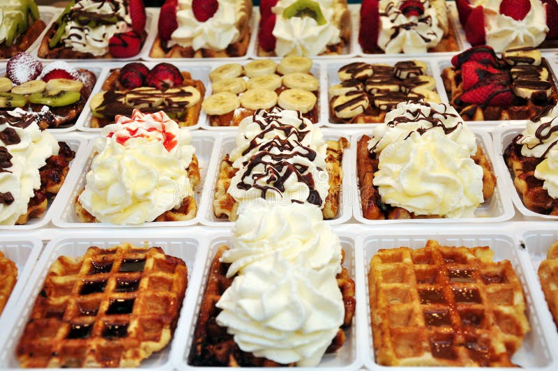 Belgian Waffles with Several Toppings Stock Image Image of topping, kiwi 96129837