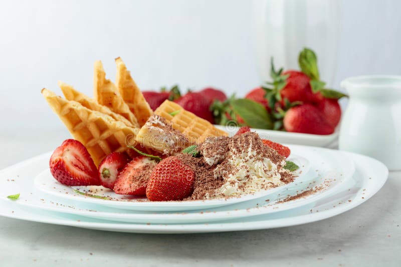 Belgian Waffles with Strawberries and Cream, Mint and Chocolate Chips