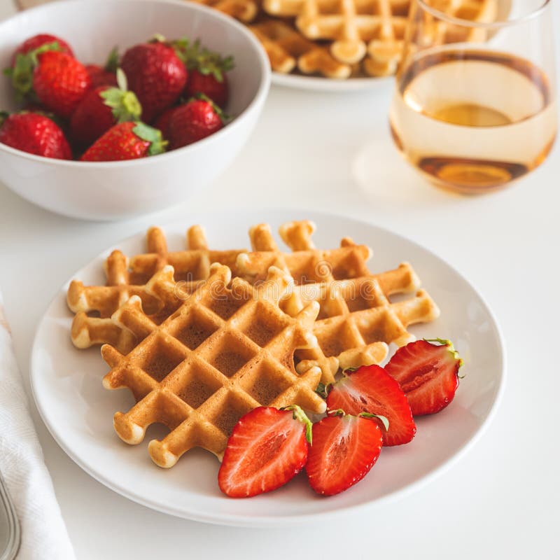 Belgian Waffles with Strawberry on White Plate. Breakfast Food Concept