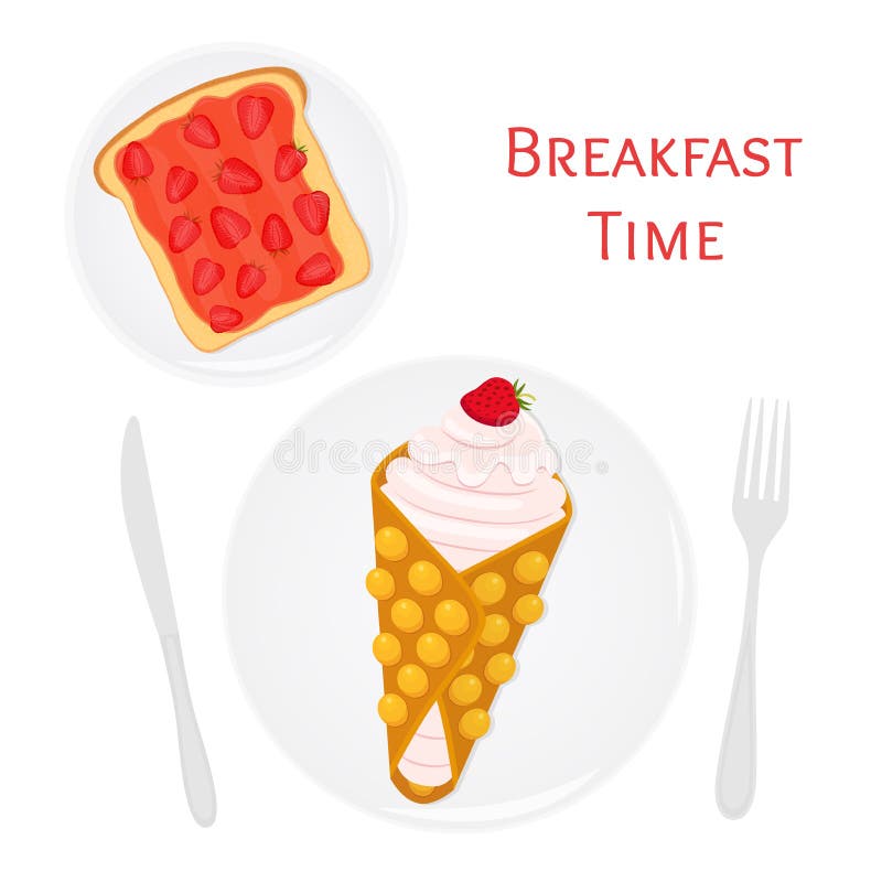 Belgische, Chinese wafel met room, bessen, toost met aardbeijam vector illustratie Belgische, Chinese wafel met room, bessen, toost met aardbeijam vector illustratie