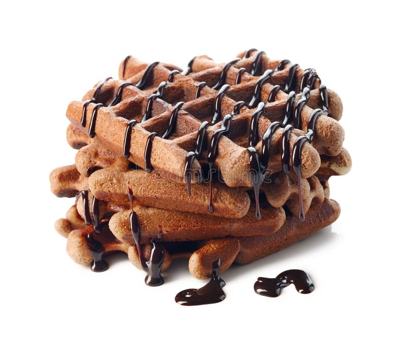 Belgium Waffles with Chocolate Sauce on White Background Stock Photo
