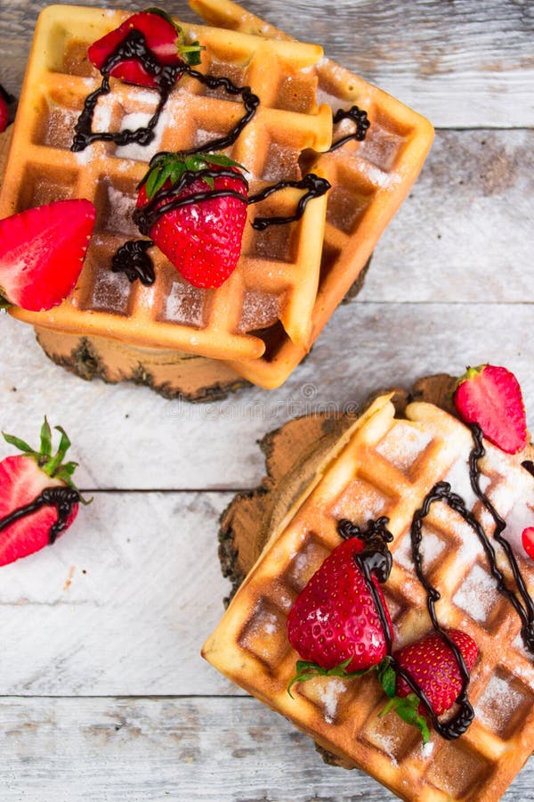 Belgium Waffles with Strawberries and Chocolate Stock Image Image of