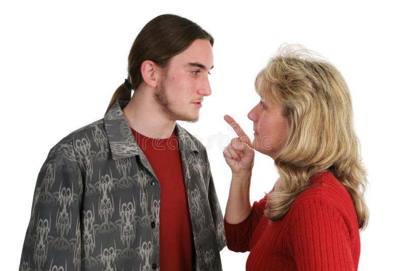 A beligerant teen boy confronts his mother. A beligerant teen boy confronts his mother.