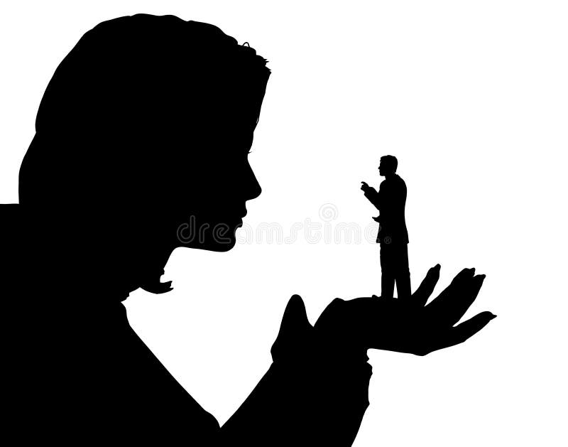 Editable vector silhouette of a miniature man in the palm of a woman's hand with both figures as separate objects. Editable vector silhouette of a miniature man in the palm of a woman's hand with both figures as separate objects