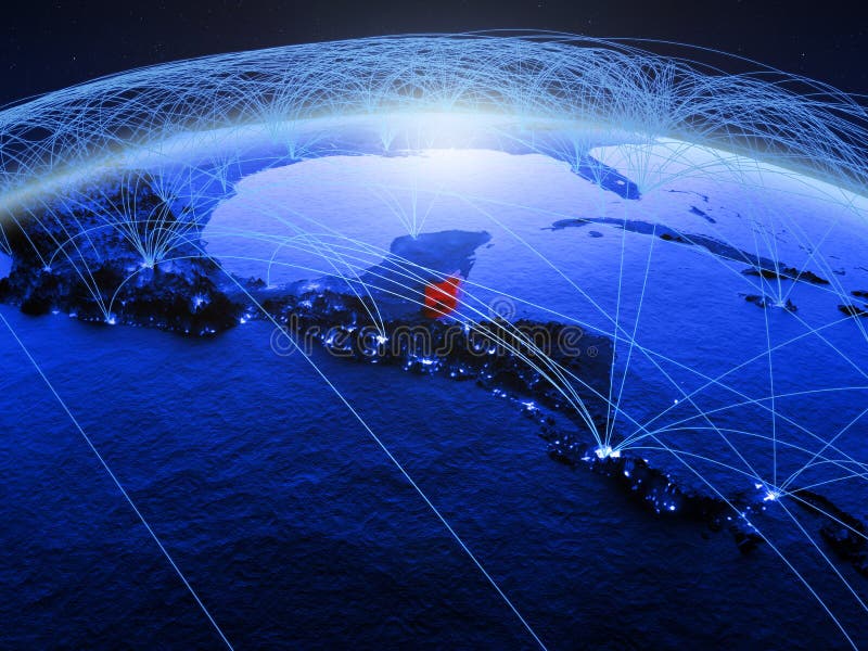 Belize på blå digital planetjord med det internationella nätverket som föreställer kommunikation, lopp och anslutningar illustrat royaltyfri illustrationer