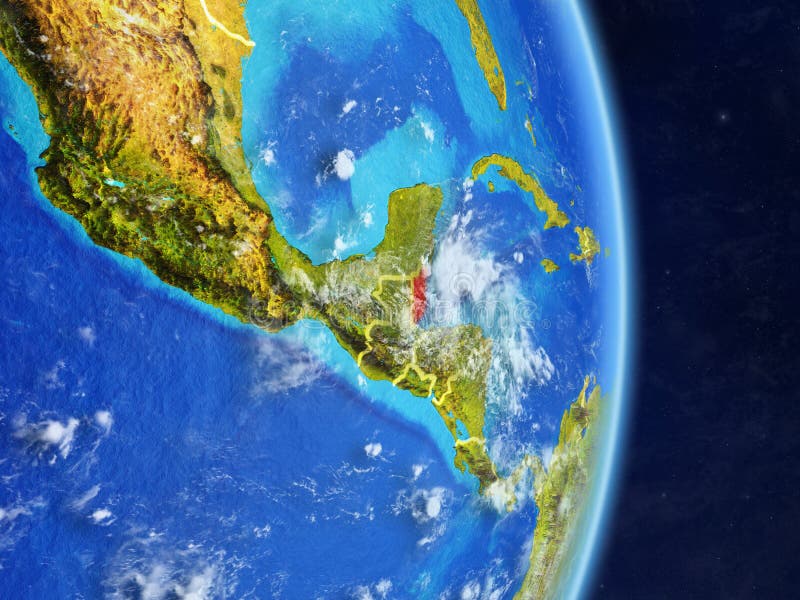 Belize på planetplanetjord med landsgränser Extremt detaljerade planetyttersida och moln illustration 3d Beståndsdelar av royaltyfri illustrationer