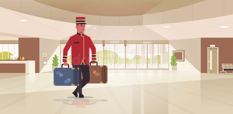 Bell boy carrying suitcases hotel service concept bellman holding luggage male worker in uniform modern reception area vector illustration