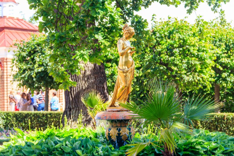 Bell Fountain With A Statue Psyche Near Monplaisir Palace In Lower Park Of Peterhof In St