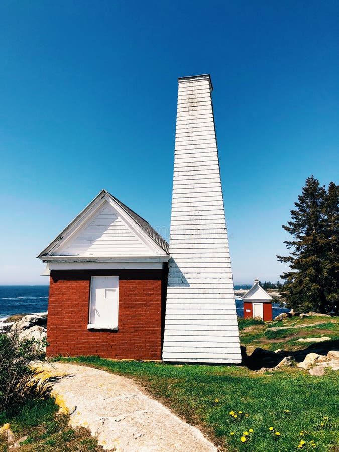 The bell house exterior of The Pemaquid Point Light. The Pemaquid Point Light is a historic U.S. lighthouse located in Bristol, Lincoln County, Maine, at the tip stock photo The bell house exterior of The Pemaquid Point Light. The Pemaquid Point Light is a historic U.S. lighthouse located in Bristol, Lincoln County, Maine, at the tip stock photo