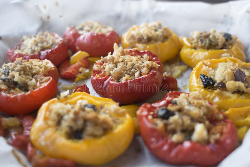 Bell Peppers Filled with Spiced Breadcrumb Stock Image Image of