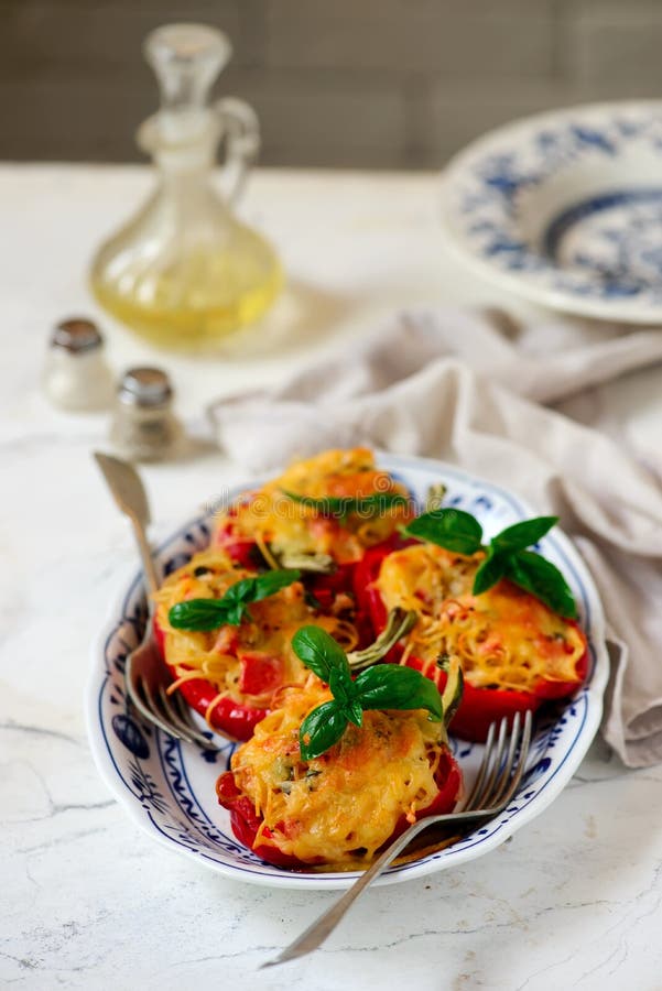 Bell Peppers Stuffed with Spaghetty Selective Focus Stock Photo Image