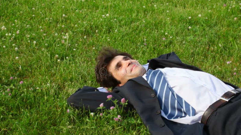 Bell'uomo felice sdraiato sull'erba verde stock footage