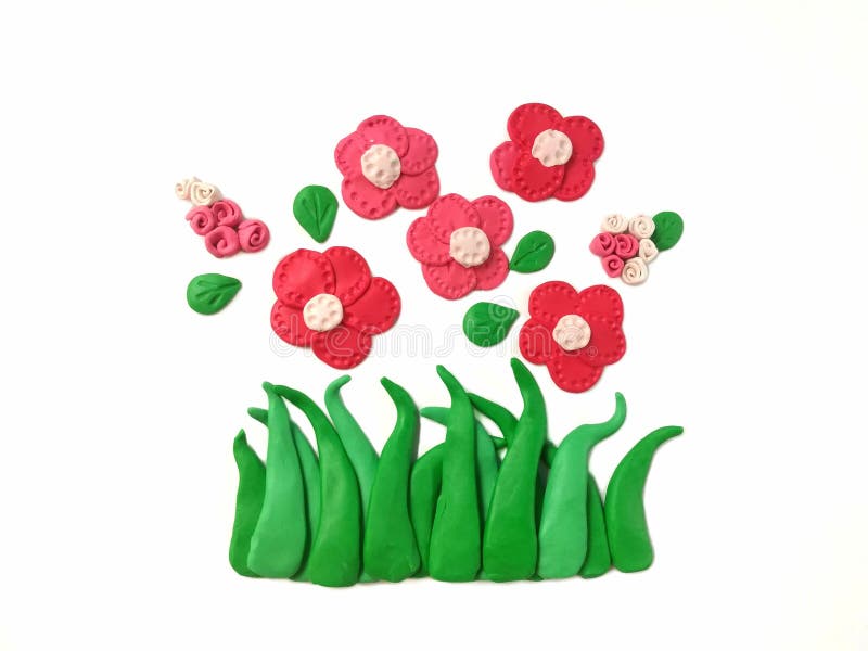 Bella argilla del plasticine del fiore della fioritura, pasta floreale rossa, erba verde