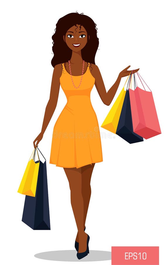 Bella donna afroamericana con le borse Ragazza attraente del fumetto in bello vestito giallo su shopping spree