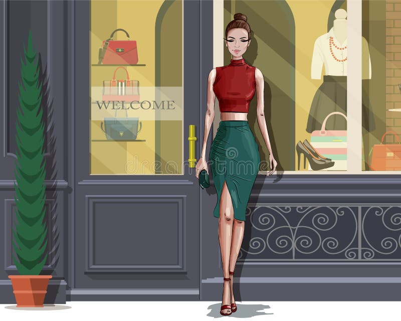 Bella donna alla moda con il fondo della facciata del boutique royalty illustrazione gratis Bella donna alla moda con il fondo della facciata del boutique royalty illustrazione gratis
