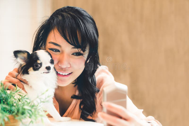 Bella donna asiatica che prende selfie con il cane sveglio della chihuahua a casa, con lo spazio della copia Amicizia adorabile d fotografie stock Bella donna asiatica che prende selfie con il cane sveglio della chihuahua a casa, con lo spazio della copia Amicizia adorabile d fotografie stock
