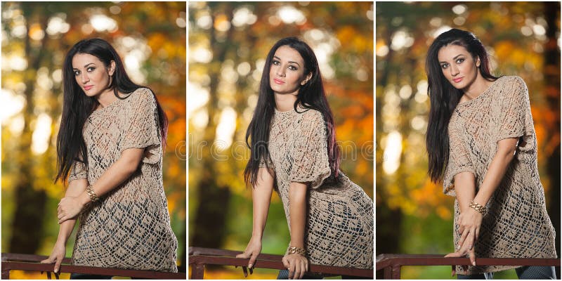 Bella donna in blusa del pizzo che posa nel parco autunnale Giovane donna castana che spende tempo in foresta durante la stagione fotografie stock libere da diritti Bella donna in blusa del pizzo che posa nel parco autunnale Giovane donna castana che spende tempo in foresta durante la stagione fotografie stock libere da diritti