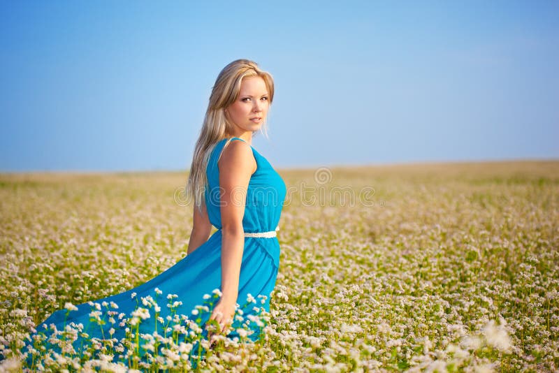 Bella donna con un vestito blu in un campo fotografie stock