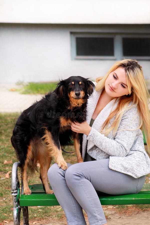 Bella donna con il suo piccolo cane misto della razza che si siede e che posa davanti alla macchina fotografica sul banco di legn fotografia stock libera da diritti Bella donna con il suo piccolo cane misto della razza che si siede e che posa davanti alla macchina fotografica sul banco di legn fotografia stock libera da diritti