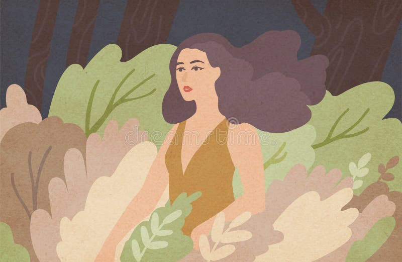 Bella giovane donna con capelli castana lunghi che ondeggiano in vento che sta fra i cespugli verdi Ragazza selvaggia in boschett illustrazione vettoriale Bella giovane donna con capelli castana lunghi che ondeggiano in vento che sta fra i cespugli verdi Ragazza selvaggia in boschett illustrazione vettoriale