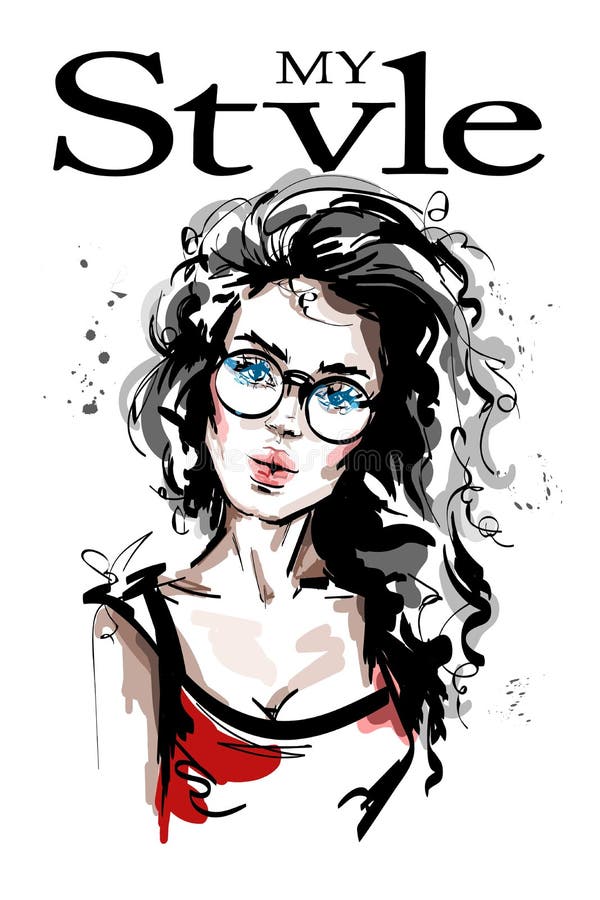 Bella giovane donna disegnata a mano con capelli ricci lunghi Ragazza elegante alla moda in camicia rossa Ritratto della donna di illustrazione di stock Bella giovane donna disegnata a mano con capelli ricci lunghi Ragazza elegante alla moda in camicia rossa Ritratto della donna di illustrazione di stock