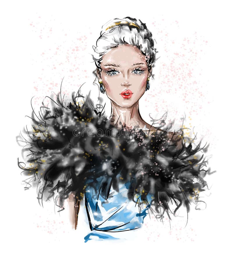 Bella giovane donna disegnata a mano con il boa di piuma Ragazza elegante alla moda Sguardo della donna di modo abbozzo illustrazione vettoriale Bella giovane donna disegnata a mano con il boa di piuma Ragazza elegante alla moda Sguardo della donna di modo abbozzo illustrazione vettoriale
