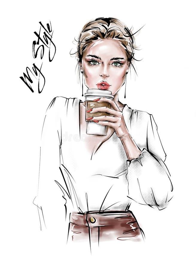 Bella giovane donna disegnata a mano con la tazza di caffè di plastica in sua mano Ragazza alla moda Sguardo della donna di modo