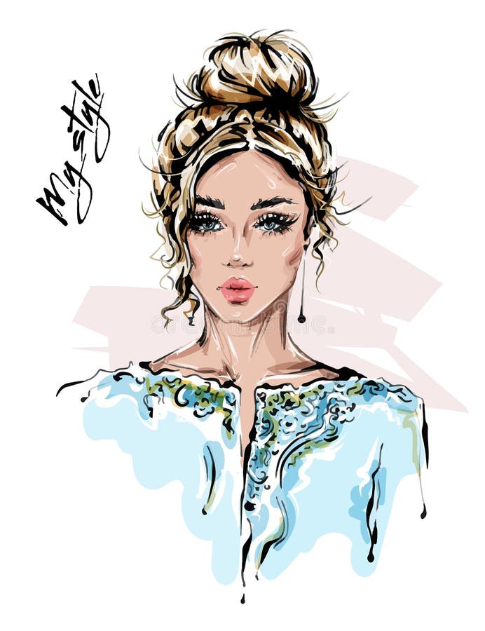 Bella giovane donna disegnata a mano in rivestimento alla moda Ragazza dei capelli biondi Sguardo della donna di modo abbozzo illustrazione di stock Bella giovane donna disegnata a mano in rivestimento alla moda Ragazza dei capelli biondi Sguardo della donna di modo abbozzo illustrazione di stock